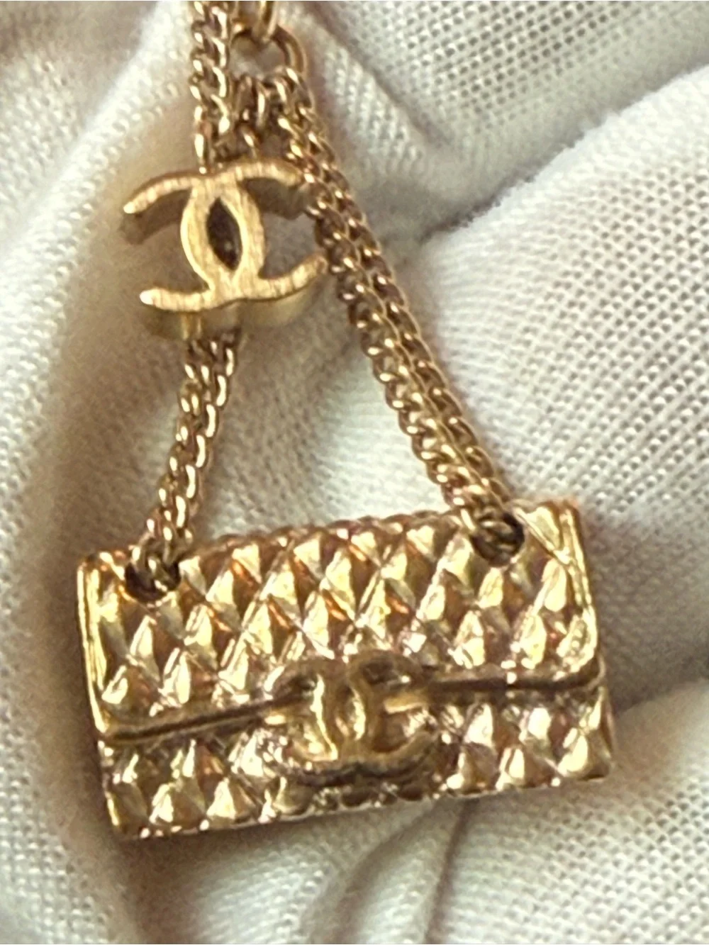 Chanel Gold Quilted Classic Flap Bag Pendant Necklace